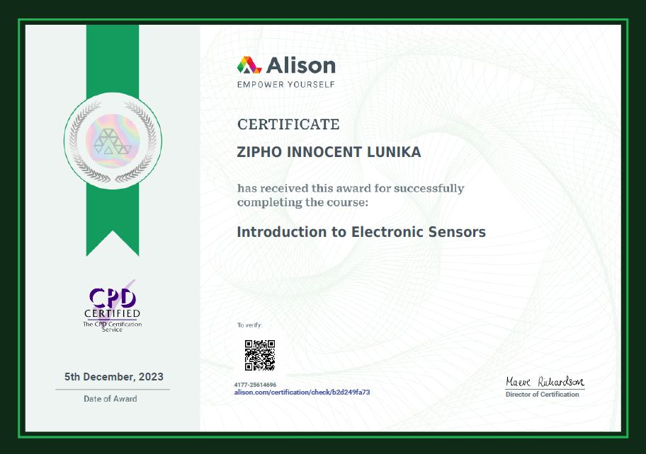 Zipho Lunika's Electronic Sensors Certificate
