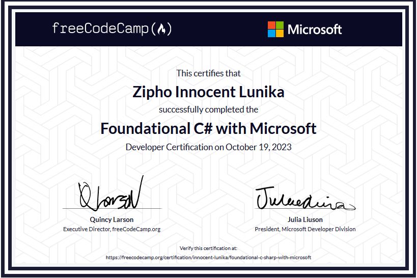 Zipho Lunika's Microsoft certification