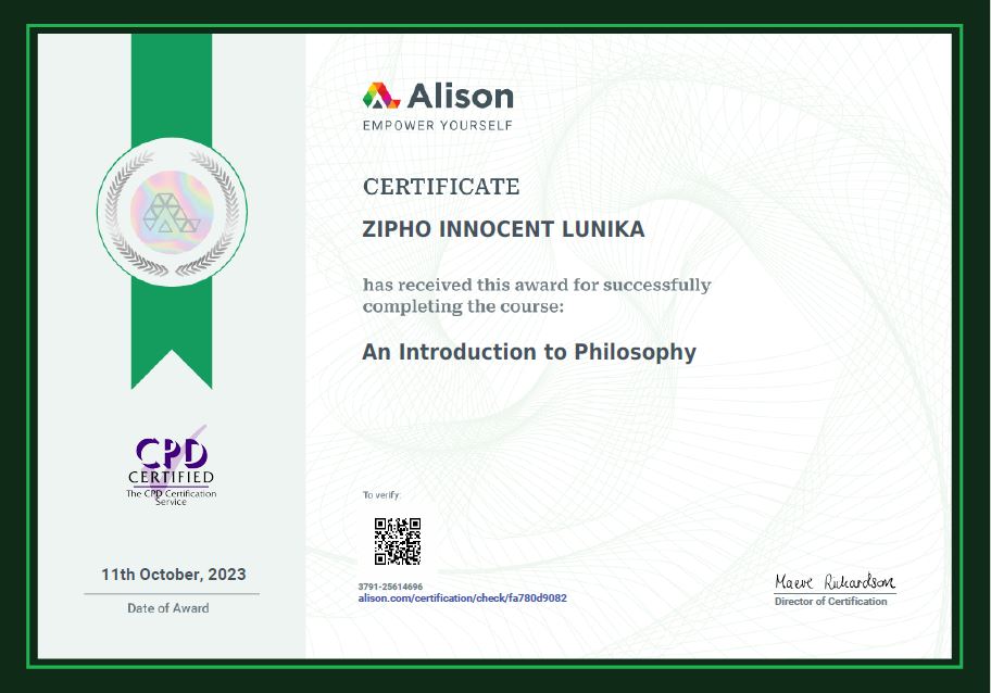 Zipho Lunika's Certification for Philosophy
